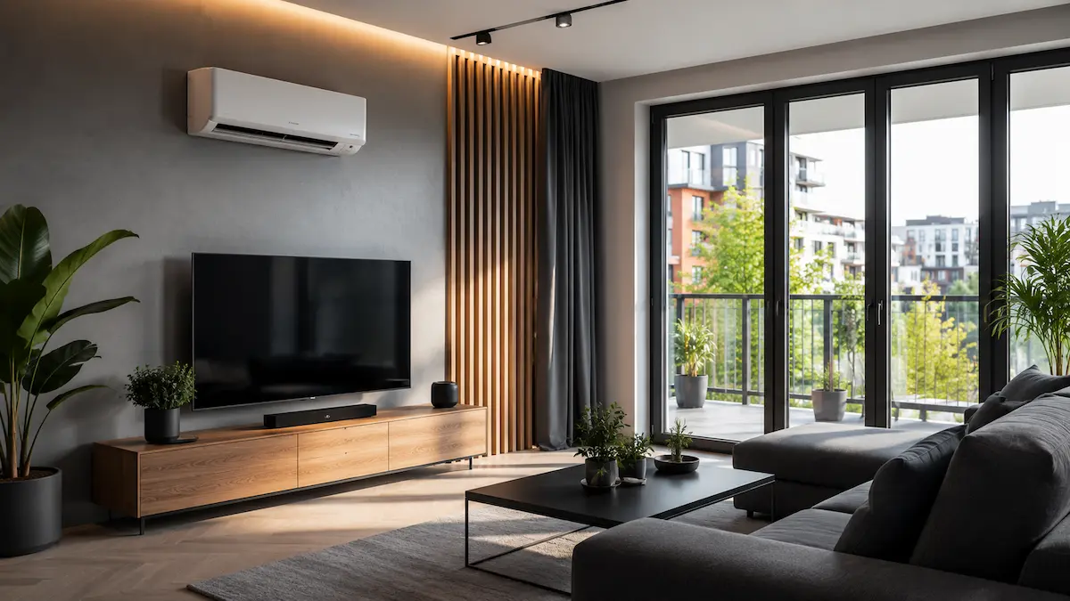 Nowoczesny salon w mieszkaniu w Łodzi z zamontowaną klimatyzacją ścienną
