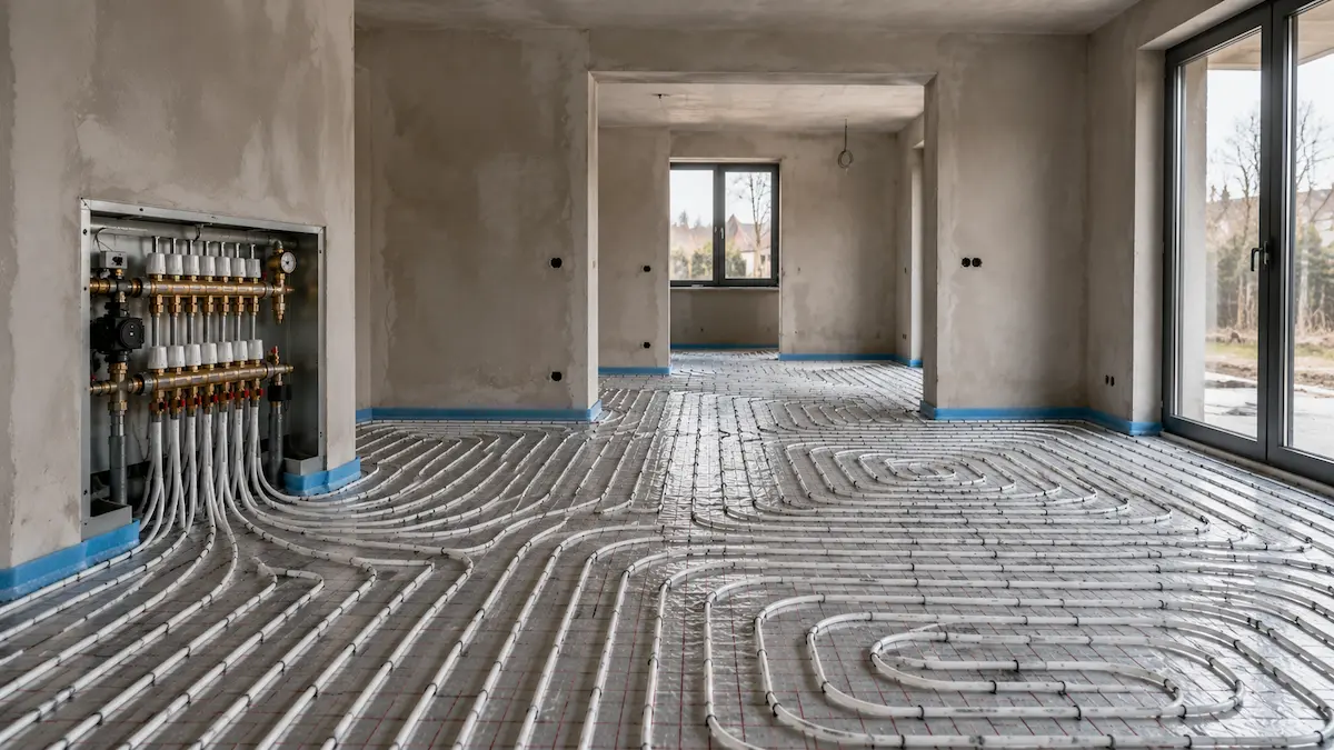 Instalacja ogrzewania podłogowego z rozdzielaczem mosiężnym podczas budowy domu – montaż instalacji hydraulicznych w Łodzi